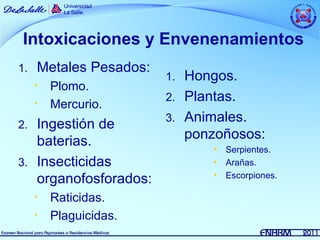 Intoxicaciones y Envenenamientos
1.   Metales Pesados:
                        1. Hongos.
     •   Plomo.
                        2. Plantas.
     •   Mercurio.
                        3. Animales.
2. Ingestión de
   baterias.               ponzoñosos:
                              • Serpientes.
3. Insecticidas               • Arañas.
                              • Escorpiones.
   organofosforados:
     •   Raticidas.
     •   Plaguicidas.
 