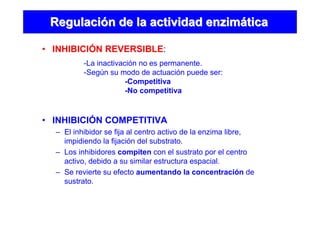 • INHIBICIÓN REVERSIBLE:
RegulaciRegulacióón de la actividad enzimn de la actividad enzimááticatica
-La inactivación no es permanente.
-Según su modo de actuación puede ser:
-Competitiva
-No competitiva
• INHIBICIÓN COMPETITIVA
– El inhibidor se fija al centro activo de la enzima libre,
impidiendo la fijación del substrato.
– Los inhibidores compiten con el sustrato por el centro
activo, debido a su similar estructura espacial.
– Se revierte su efecto aumentando la concentración de
sustrato.
 