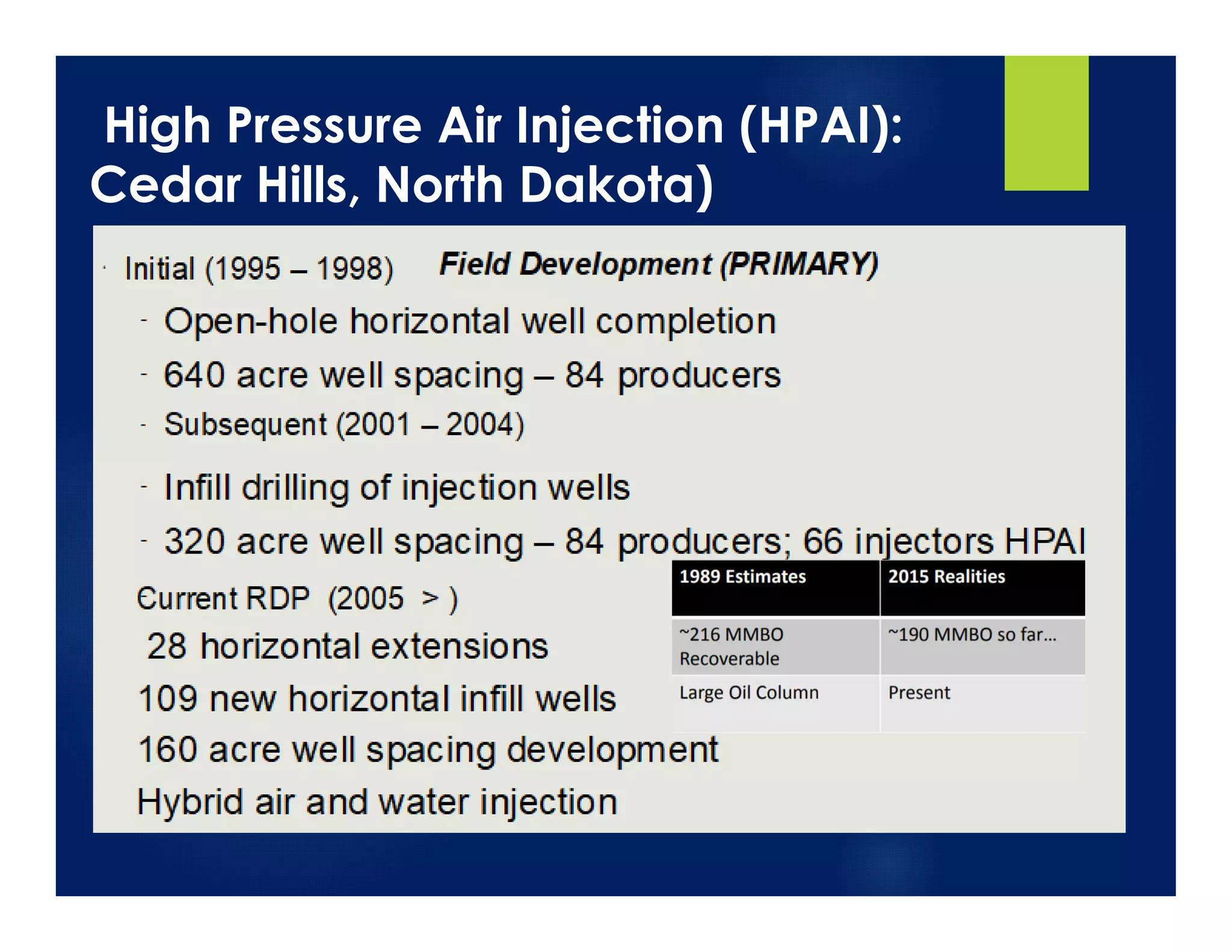 High Pressure Air Injection (HPAI):
Cedar Hills, North Dakota)
 