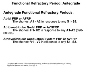 Functional Refractory Period: Antegrade

Antegrade Functional Refractory Periods:
Atrial FRP or AFRP
       The shortest A1 - A2 in response to any S1- S2.
Atrioventricular Nodal FRP or AVNFRP
      The shortest H1- H2 in response to any A1-A2 (320-
680ms).
Atrioventricular Conduction System FRP or AVFRP
      The shortest V1 - V2 in response to any S1- S2.




    Josephson, ME. Clinical Cardiac Electrophysiology, Techniques and Interpretations (3rd Edition),
44 Lippincott, Williams and Wilkins, 2002, pp.39.
 