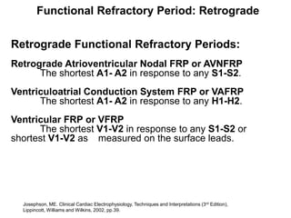 Functional Refractory Period: Retrograde

Retrograde Functional Refractory Periods:
Retrograde Atrioventricular Nodal FRP or AVNFRP
      The shortest A1- A2 in response to any S1-S2.
Ventriculoatrial Conduction System FRP or VAFRP
      The shortest A1- A2 in response to any H1-H2.
Ventricular FRP or VFRP
      The shortest V1-V2 in response to any S1-S2 or
shortest V1-V2 as measured on the surface leads.




    Josephson, ME. Clinical Cardiac Electrophysiology, Techniques and Interpretations (3rd Edition),
46 Lippincott, Williams and Wilkins, 2002, pp.39.
 