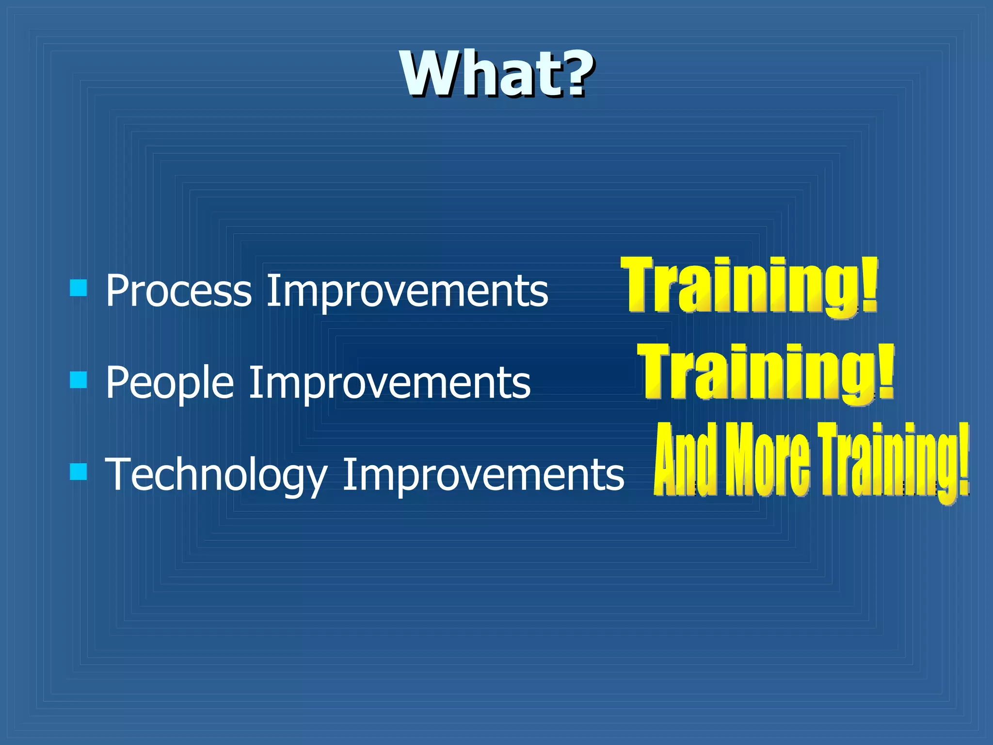 What? Process Improvements People Improvements Technology Improvements Training! Training! And More Training! 