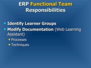 Identify Learner Groups Modify Documentation  (Web Learning Assistant) Processes Techniques ERP  Functional Team  Responsibilities 