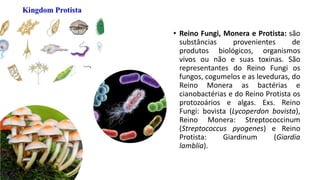 • Reino Fungi, Monera e Protista: são
substâncias provenientes de
produtos biológicos, organismos
vivos ou não e suas toxinas. São
representantes do Reino Fungi os
fungos, cogumelos e as leveduras, do
Reino Monera as bactérias e
cianobactérias e do Reino Protista os
protozoários e algas. Exs. Reino
Fungi: bovista (Lycoperdon bovista),
Reino Monera: Streptococcinum
(Streptococcus pyogenes) e Reino
Protista: Giardinum (Giardia
lamblia).
 