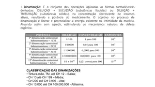• Dinamização: É o conjunto das operações aplicadas às formas farmacêuticas
derivadas: DILUIÇÃO + SUCUSSÃO (substâncias líquidas) ou DILUIÇÃO +
TRITURAÇÃO (substâncias sólidas), na concentração decrescente de insumos
ativos, resultando a potência do medicamento. O objetivo no processo de
dinamização é liberar e potencializar a energia existente na intimidade da matéria.
Atuando assim sem agredir, estimulando os mecanismos naturais de defesa
orgânica.
CLASSIFICAÇÃO DAS DINAMIZAÇÕES
• Tintura-mãe, TM, até CH 12 – Baixa;
• CH 13 até CH 199 – Média;
• CH 200 até CH 9.999 – Alta;
• CH 10.000 até CH 100.000.000 - Altíssima.
 