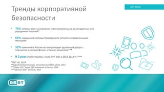 5
ESET NOD32
• 76% сетевых атак на компании стали возможны из-за ненадежных или
украденных паролей*
• 66% нарушений системы безопасности остаются незамеченными
месяцами
• 52% компаний в России не контролирует удаленный доступ с
планшетов или смартфонов к бизнес-решениям***
• В 2 раза увеличивалось число APT-атак в 2013-2014 гг. ****
*ESET UK, 2014
**Department for Business, Innovation and Skills of UK, 2013
***Опрос ESET среди 180 компаний в России, 2014
****Данные ESET VirusLab, 2015
Тренды корпоративной
безопасности
 