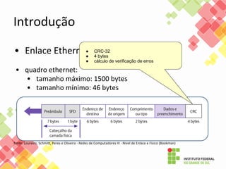 Introdução
• Enlace Ethernet
• quadro ethernet:
• tamanho máximo: 1500 bytes
• tamanho mínimo: 46 bytes
fonte: Loureiro, Schmitt, Peres e Oliveira - Redes de Computadores III - Nível de Enlace e Físico (Bookman)
● CRC-32
● 4 bytes
● cálculo de verificação de erros
 
