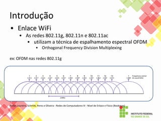 • Enlace WiFi
• As redes 802.11g, 802.11n e 802.11ac
• utilizam a técnica de espalhamento espectral OFDM
• Orthogonal Frequency Division Multiplexing
ex: OFDM nas redes 802.11g
fonte: Loureiro, Schmitt, Peres e Oliveira - Redes de Computadores III - Nível de Enlace e Físico (Bookman)
Introdução
 