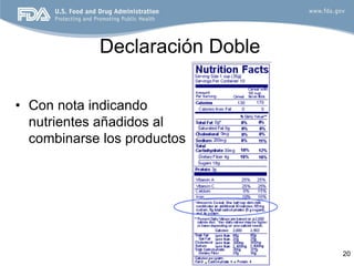 Declaración Doble

• Con nota indicando
  nutrientes añadidos al
  combinarse los productos




                                20
 