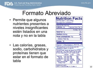 Formato Abreviado
• Permite que algunos
  nutrientes presentes a
  niveles insignificantes
  estén listados en una
  nota y no en la tabla

• Las calorías, grasas,
  sodio, carbohidratos y
  proteínas tienen que
  estar en el formato de
  tabla
                            22
 