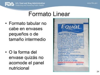 Formato Linear
• Formato tabular no
  cabe en envases
  pequeños o de
  tamaño intermedio

• O la forma del
  envase quizás no
  acomode el panel
  nutricional
                            24
 