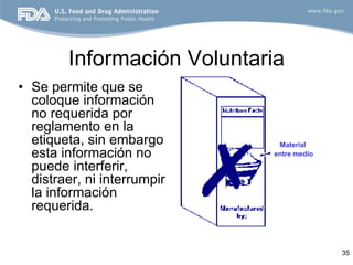 Información Voluntaria
• Se permite que se
  coloque información
  no requerida por
  reglamento en la
  etiqueta, sin embargo       Material
  esta información no        entre medio

  puede interferir,
  distraer, ni interrumpir
  la información
  requerida.


                                           35
 