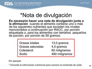 *Nota de divulgación
Es necesario hacer una nota de divulgación junto a
la afirmación cuando el alimento contiene uno o más
de los siguientes nutrientes que exceden los niveles
mencionados a continuación por RACC, por porción
etiquetada o, para los alimentos con tamaños pequeños
de porción, por porción de 50 gramos.

          Grasas totales                  13,0 gramos
          Grasas saturadas                4,0 gramos
          Colesterol                      60 miligramos
          Sodio                           480 miligramos

Por ejemplo:
* Consulte la información nutricional para conocer el contenido de sodio   40
 
