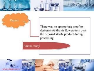 Report
There was no appropriate proof to
demonstrate the air flow pattern over
the exposed sterile product during
processing
Smoke study
 