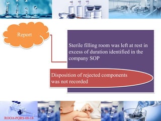 Report
Sterile filling room was left at rest in
excess of duration identified in the
company SOP
Disposition of rejected components
was not recorded
 