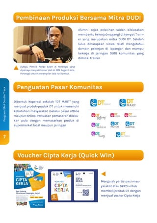 7
Program
SMA
Double
Track
Alumni sejak pelatihan sudah dibiasakan
membantu bekerja(magang) di tempat Train-
er yang merupakan mitra DUDI DT. Setelah
lulus diharapkan siswa telah mengetahui
domain pekerjan di lapangan dan mampu
bekerja di jaringan DUDI komunitas yang
dimiliki trainer
Pembinaan Produksi Bersama Mitra DUDI
Sutoyo, Pemilik Panda Salon di Ponorogo, yang
dipercaya menjadi trainer oleh di SMA Negeri 1 Jetis,
Ponorogo untuk keterampilan tata rias rambut.
Dibentuk Koperasi sekolah “DT MART” yang
menjual produk-produk DT untuk memenuhi
kebutuhan masyarakat melalui pasar offline
maupun online. Perluasan pemasaran dilaku-
kan pula dengan memasarkan produk di
supermarket local maupun jaringan
Penguatan Pasar Komunitas
Mengajak partisipasi mas-
yarakat atau SKPD untuk
membeli produk DT dengan
menjual Vocher Cipta Kerja
Voucher Cipta Kerja (Quick Win)
 