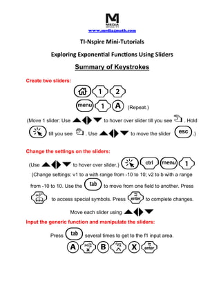 www.media4math.com
TI-Nspire Mini-Tutorials
Exploring Exponential Functions Using Sliders
Summary of Keystrokes
Create two sliders:
1
b1A (Repeat.)
(Move 1 slider: Use `¡¢¤ to hover over slider till you see ÷
. Hold
a till you see { `¡¢¤ . Use to move the slider d .)
Change the settings on the sliders:
(Use `¡¢¤ to hover over slider.)
(Change settings: v1 to a with range from -10 to 10; v2 to b with a range
from -10 to 10. Use the e to move from one field to another. Press
k to access special symbols. Press · to complete changes.
Move each slider using `¡¢¤
Input the generic function and manipulate the sliders:
Press e several times to get to the f1 input area.
ArBlX·