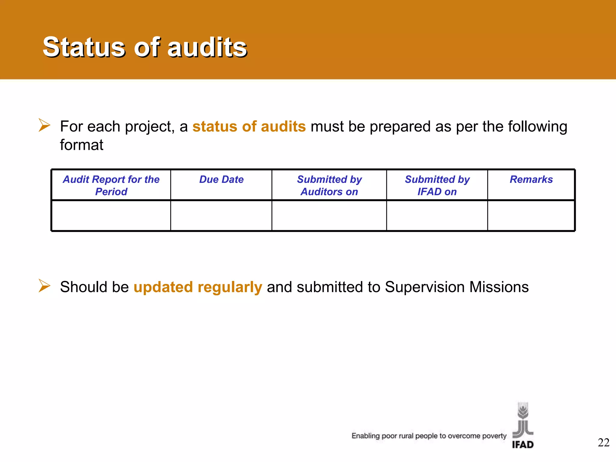 Status of audits For each project, a  status of audits   must be prepared as per the following format Should be  updated regularly   and submitted to Supervision Missions Audit Report for the Period Due Date Submitted by Auditors on Submitted by IFAD on Remarks 