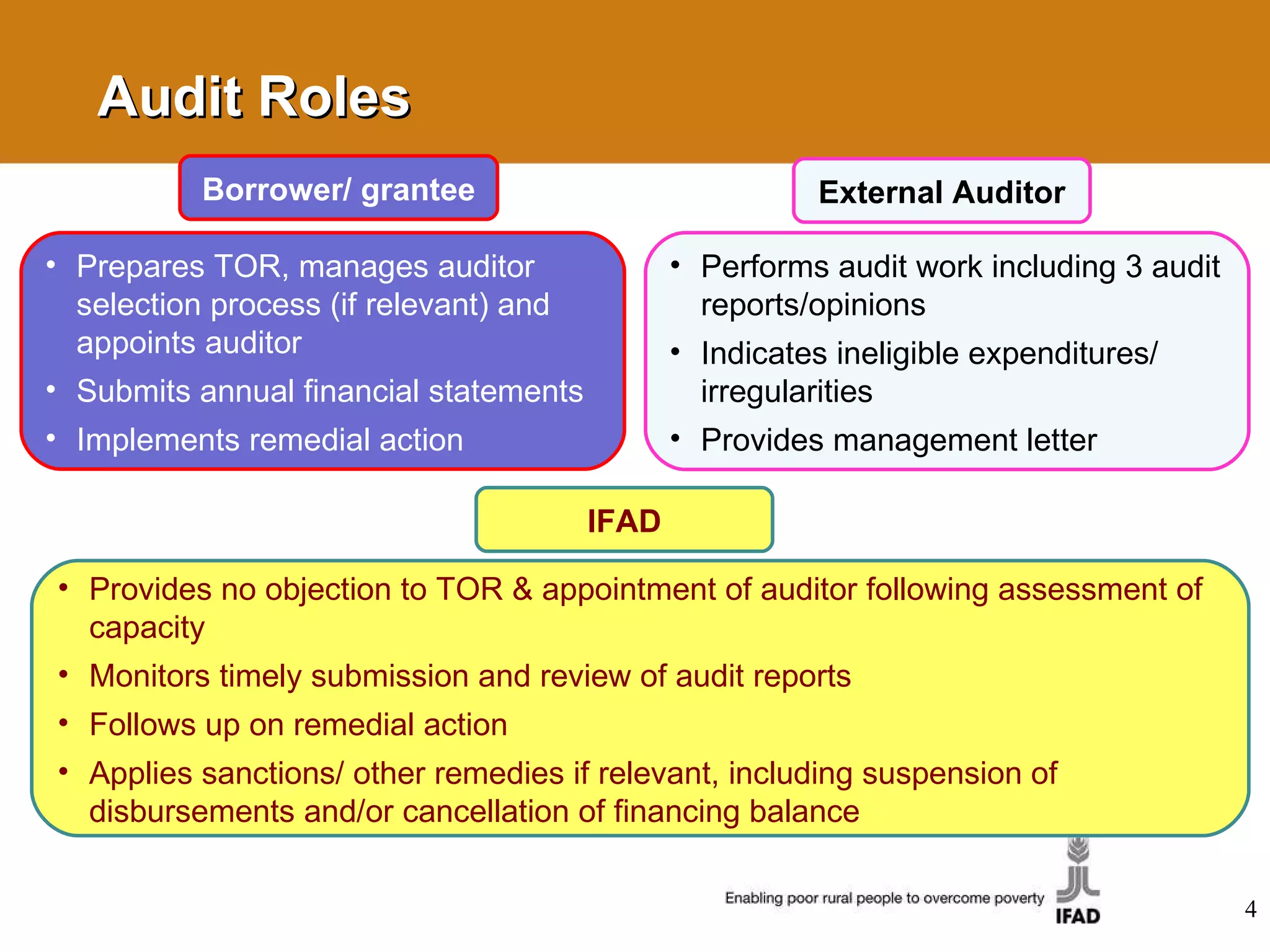 Audit Roles Borrower/ grantee Prepares TOR, manages auditor selection process (if relevant) and appoints auditor  Submits annual financial statements Implements remedial action External Auditor Performs audit work including 3 audit reports/opinions Indicates ineligible expenditures/ irregularities Provides management letter IFAD Provides no objection to TOR & appointment of auditor following assessment of capacity Monitors timely submission and review of audit reports Follows up on remedial action Applies sanctions/ other remedies if relevant, including suspension of disbursements and/or cancellation of financing balance 