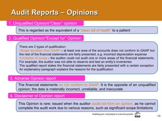 1. Unqualified Opinion/“Clean” opinion This is regarded as the equivalent of a  “clean bill of health”  to a patient 2. Qualified Opinion/“Except for” Opinion There are 2 types of qualification: Single deviation from GAAP   – at least one area of the accounts does not conform to GAAP but the rest of the financial statements are fairly presented, e.g. incorrect depreciation expense  Limitation of scope   - the auditor could not audit one or more areas of the financial statements. For example, the auditor was not able to observe and test an entity’s inventories The qualified report states the financial statements are fairly presented with a certain exception. An explanatory paragraph explains the reasons for the qualification 3. Adverse Opinion report The financial statements  do not conform to GAAP.  It is the opposite of an unqualified opinion; the data is materially incorrect, unreliable, and inaccurate 4. Disclaimer of Opinion report This Opinion is rare; issued when the auditor  could not form an opinion,  as he cannot complete the audit work due to various reasons, such as significant scope limitations Audit Reports – Opinions 