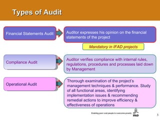 Types of Audit Financial Statements Audit Auditor expresses his opinion on the financial statements of the project Compliance Audit Auditor verifies compliance with internal rules, regulations, procedures and processes laid down by Management Operational Audit Thorough examination of the project’s management techniques & performance. Study of all functional areas, identifying implementation issues & recommending remedial actions to improve efficiency & effectiveness of operations Mandatory in IFAD projects 