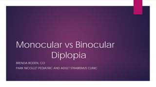 Monocular vs Binocular
Diplopia
BRENDA BODEN, CO
PARK NICOLLET PEDIATRIC AND ADULT STRABISMUS CLINIC
 