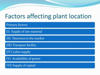 Factors affecting plant location
Primary factors
(I) Supply of raw material
(II) Nearness to the market
(III) Transport facility
(IV) Labor supply
(V) Availability of power
(VI) Supply of capital
 
