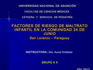 UNIVERSIDAD NACIONAL DE ASUNCIÓN
FACULTAD DE CIENCIAS MÉDICAS
CÁTEDRA Y SERVICIO DE PEDIATRÍA

FACTORES DE RIESGO DE MALTRATO
INFANTIL EN LA COMUNIDAD 24 DE
JUNIO
San Lorenzo – Paraguay

INSTRUCTORA: Dra. Aurea Ortellado

GRUPO A 9

 