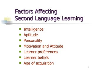 Factors Affecting  Second Language Learning ,[object Object],[object Object],[object Object],[object Object],[object Object],[object Object],[object Object]