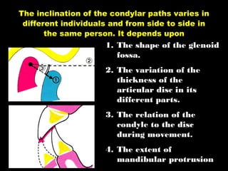1. The shape of the glenoid
fossa.
2. The variation of the
thickness of the
articular disc in its
different parts.
3. The relation of the
condyle to the disc
during movement.
4. The extent of
mandibular protrusion
The inclination of the condylar paths varies in
different individuals and from side to side in
the same person. It depends upon
 