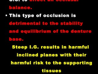 C.C. to effect an occlusal
balance.
• This type of occlusion is
detrimental to the stability
and equilibrium of the denture
base.
Steep I.G. results in harmful
inclined planes with their
harmful risk to the supporting
tissues
 
