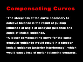 Compensating Curves
•The steepness of the curve necessary to
achieve balance is the result of guiding
influence of angle of condylar guidance and
angle of incisal guidance.
•A lesser compensating curve for the same
condylar guidance would result in a steeper
incisal guidance (anterior interference), which
would cause loss of molar balancing contacts.
 