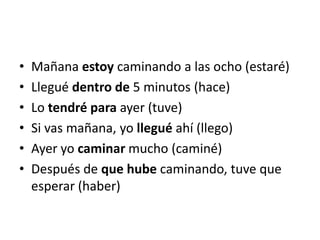 •   Mañana estoy caminando a las ocho (estaré)
•   Llegué dentro de 5 minutos (hace)
•   Lo tendré para ayer (tuve)
•   Si vas mañana, yo llegué ahí (llego)
•   Ayer yo caminar mucho (caminé)
•   Después de que hube caminando, tuve que
    esperar (haber)
 