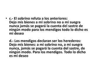 • c.- El sobrino refuta a los anteriores:
  Dejo mis bienes a mi sobrino no a mi suegra
  nunca jamás se pagará la cuenta del sastre de
  ningún modo para los mendigos todo lo dicho es
  mi deseo
  d.- Los mendigos declaran ser los herederos:
  Dejo mis bienes: a mi sobrino no, a mi suegra
  nunca, jamás se pagará la cuenta del sastre, de
  ningún modo. Para los mendigos. Todo lo dicho
  es mi deseo
 