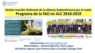 Programa de la FAO en ALC 2018-2019
Sally Bunning (sally.bunning@fao.org)
Oficial Políticas – Sistemas Agrícolas, Tierra y Agua
FAO Oficina regional para América Latina y el Caribe, Santiago, Chile
Quinta reunión Ordinaria de la Alianza Sudaméricana por el suelo
 