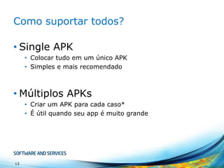 Como suportar todos?
• Single APK
• Colocar tudo em um único APK
• Simples e mais recomendado

• Múltiplos APKs
• Criar um APK para cada caso*
• É útil quando seu app é muito grande

13

 