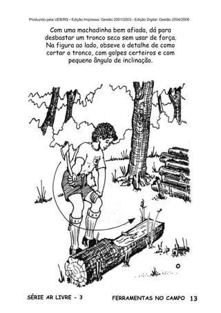 13SÉRIE AR LIVRE - 3 FERRAMENTAS NO CAMPO
Produzido pela UEB/RS - Edição Impressa: Gestão 2001/2003 - Edição Digital: Gestão 2004/2006
Com uma machadinha bem afiada, dá para
desbastar um tronco seco sem usar de força.
Na figura ao lado, obseve o detalhe de como
cortar o tronco, com golpes certeiros e com
pequeno ângulo de inclinação.
 