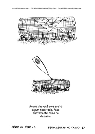 17SÉRIE AR LIVRE - 3 FERRAMENTAS NO CAMPO
Produzido pela UEB/RS - Edição Impressa: Gestão 2001/2003 - Edição Digital: Gestão 2004/2006
Agora sim você conseguirá
algum resultado. Faça
exatamente como no
desenho.
 