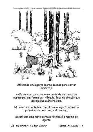 22 SÉRIE AR LIVRE - 3FERRAMENTAS NO CAMPO
Produzido pela UEB/RS - Edição Impressa: Gestão 2001/2003 - Edição Digital: Gestão 2004/2006
Utilizando um lagarto (serra de mão para cortar
árvores):
a) Fazer com o machado um corte de um terço da
espessura, em forma de triângulo, faça na direção que
deseja que a árvore caia.
b) Fazer um corte horizontal com o lagarto acima do
primeiro, de dois terços do mesmo.
Se utilizar uma moto-serra a técnica é a mesma do
lagarto.
 