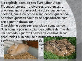 No capítulo doze do seu livro Liber Abaci,
Fibonacci apresenta diversos problemas, o
problema mais conhecido é sobre um par de
coelhos, que é colocado numa cerca, querendo-
se saber quantos coelhos se reproduzem num
ano a partir desse par.
O problema pode ser enunciado como sendo:
“Um homem põe um casal de coelhos dentro de
um cercado. Quantos casais de coelhos serão
produzidos num ano, se a natureza desses
coelhos é tal que a partir do segundo mês um
casal gera a cada mês um novo casal de coelhos
que se torna produtivo ao fim de dois meses?”
 