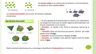 12 = 3 x 2 x 2
Un número sólido es un número de tres factores y si los tres factores
son iguales se llama número cúbico.
8 = 2 x 2 x 2 1 4 9 16
30
Los números piramidales son la suma de números cuadrados
consecutivos.
LOS SÓLIDOS REGULARES Es otro ejemplo de la relación entre lo místico y las matemáticas.
Los pitagóricos creían que los sólidos regulares desempeñaban una
función importante en el universo.
Octaedro , es estable y fijo, forma la estructura interna de la
Tierra.
Tetraedro, tiene una estructura que parece “pinchar” por todas
partes como el Fuego.
Octaedro, forma la estructura alargada del Aire.
Icosaedro, sus múltiples caras parecen fugarse entre los dedos
como el Agua.
Platón retomará estas teorías en su cosmología e identificará al Dodecaedro con el Cosmos
 