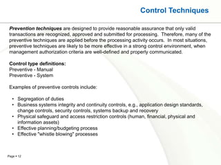 Control Techniques

 Prevention techniques are designed to provide reasonable assurance that only valid
 transactions are recognized, approved and submitted for processing. Therefore, many of the
 preventive techniques are applied before the processing activity occurs. In most situations,
 preventive techniques are likely to be more effective in a strong control environment, when
 management authorization criteria are well-defined and properly communicated.

 Control type definitions:
 Preventive - Manual
 Preventive - System

 Examples of preventive controls include:

   • Segregation of duties
   • Business systems integrity and continuity controls, e.g., application design standards,
     change controls, security controls, systems backup and recovery
   • Physical safeguard and access restriction controls (human, financial, physical and
     information assets)
   • Effective planning/budgeting process
   • Effective "whistle blowing" processes



Page  12
 