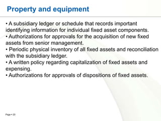 Property and equipment
• A subsidiary ledger or schedule that records important
identifying information for individual fixed asset components.
• Authorizations for approvals for the acquisition of new fixed
assets from senior management.
• Periodic physical inventory of all fixed assets and reconciliation
with the subsidiary ledger.
• A written policy regarding capitalization of fixed assets and
expensing.
• Authorizations for approvals of dispositions of fixed assets.




Page  20
 