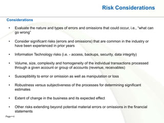 Risk Considerations

Considerations

  •        Evaluate the nature and types of errors and omissions that could occur, i.e., “what can
           go wrong”

  •        Consider significant risks (errors and omissions) that are common in the industry or
           have been experienced in prior years

  •        Information Technology risks (i.e. - access, backups, security, data integrity)

  •        Volume, size, complexity and homogeneity of the individual transactions processed
           through a given account or group of accounts (revenue, receivables)

  •        Susceptibility to error or omission as well as manipulation or loss

  •        Robustness versus subjectiveness of the processes for determining significant
           estimates

  •        Extent of change in the business and its expected effect

  •        Other risks extending beyond potential material errors or omissions in the financial
           statements
Page  4
 