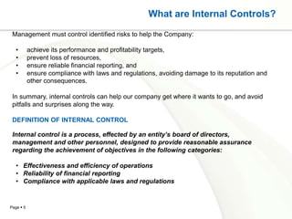 What are Internal Controls?
 Management must control identified risks to help the Company:

   •       achieve its performance and profitability targets,
   •       prevent loss of resources,
   •       ensure reliable financial reporting, and
   •       ensure compliance with laws and regulations, avoiding damage to its reputation and
           other consequences.

 In summary, internal controls can help our company get where it wants to go, and avoid
 pitfalls and surprises along the way.

 DEFINITION OF INTERNAL CONTROL

 Internal control is a process, effected by an entity’s board of directors,
 management and other personnel, designed to provide reasonable assurance
 regarding the achievement of objectives in the following categories:

   • Effectiveness and efficiency of operations
   • Reliability of financial reporting
   • Compliance with applicable laws and regulations


Page  5
 