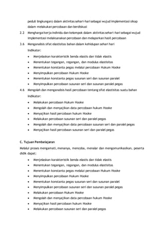 peduli lingkungan) dalam aktivitas sehari-hari sebagai wujud implementasi sikap 
dalam melakukan percobaan dan berdiskusi 
2.2 Menghargai kerja individu dan kelompok dalam aktivitas sehari-hari sebagai wujud 
implementasi melaksanakan percobaan dan melaporkan hasil percobaan 
3.6 Menganalisis sifat elastisitas bahan dalam kehidupan sehari hari 
Indikator: 
 Menjelaskan karakteristik benda elastis dan tidak elastis 
 Menentukan tegangan, regangan, dan modulus elastisitas 
 Menentukan konstanta pegas melalui percobaan Hukum Hooke 
 Menyimpulkan percobaan Hukum Hooke 
 Menentukan konstanta pegas susunan seri dan susunan paralel 
 Menyimpulkan percobaan susunan seri dan susunan paralel pegas 
4.6 Mengolah dan menganalisis hasil percobaan tentang sifat elastisitas suatu bahan 
Indikator: 
 Melakukan percobaan Hukum Hooke 
 Mengolah dan menyajikan data percobaan hukum Hooke 
 Menyajikan hasil percobaan hukum Hooke 
 Melakukan percobaan susunan seri dan paralel pegas 
 Mengolah dan menyajikan data percobaan susunan seri dan paralel pegas 
 Menyajikan hasil percobaan susunan seri dan paralel pegas 
C. Tujuan Pembelajaran 
Melalui proses mengamati, menanya, mencoba, menalar dan mengomunikasikan, peserta 
didik dapat: 
 Menjelaskan karakteristik benda elastis dan tidak elastis 
 Menentukan tegangan, regangan, dan modulus elastisitas 
 Menentukan konstanta pegas melalui percobaan Hukum Hooke 
 Menyimpulkan percobaan Hukum Hooke 
 Menentukan konstanta pegas susunan seri dan susunan paralel 
 Menyimpulkan percobaan susunan seri dan susunan paralel pegas 
 Melakukan percobaan Hukum Hooke 
 Mengolah dan menyajikan data percobaan hukum Hooke 
 Menyajikan hasil percobaan hukum Hooke 
 Melakukan percobaan susunan seri dan paralel pegas 
 