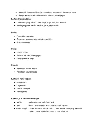  Mengolah dan menyajikan data percobaan susunan seri dan paralel pegas 
 Menyajikan hasil percobaan susunan seri dan paralel pegas 
D. Materi Pembelajaran 
 FaktaBenda yang elastis: karet, pegas, kayu, besi, dan lain-lain 
 Benda yang tidak elastis: plastisin, pasir, dan lain-lain 
Konsep 
 Pengertian elastisitas 
 Tegangan, regangan, dan modulus elastisitas 
 Konstanta pegas 
Prinsip 
 Hukum Hooke 
 Susunan seri dan paralel pegas 
 Energi potensial pegas 
Prosedur 
 Percobaan Hukum Hooke 
 Percobaan Susunan Pegas 
E. Metode Pembelajaran 
 Demonstrasi 
 Eksperimen 
 Diskusi kelompok 
 Tanya jawab 
F. Media, Alat dan Sumber Belajar 
 Media : cetak dan elektronik (internet) 
 Alat : karet, neraca pegas, pegas, mistar, statif, beban. 
 Sumber Belajar : buku pegangan Fisika jilid 1, Buku Fisika Penunjang Aktifitas 
Peserta didik, mechanics 1 dan 2, dan hands out 
 