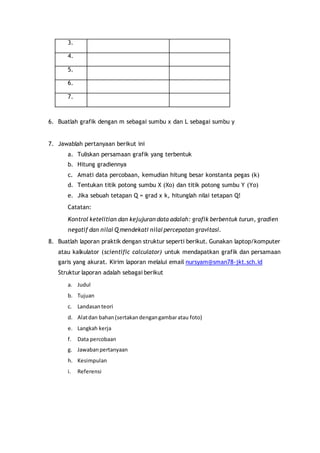 3. 
4. 
5. 
6. 
7. 
6. Buatlah grafik dengan m sebagai sumbu x dan L sebagai sumbu y 
7. Jawablah pertanyaan berikut ini 
a. Tuliskan persamaan grafik yang terbentuk 
b. Hitung gradiennya 
c. Amati data percobaan, kemudian hitung besar konstanta pegas (k) 
d. Tentukan titik potong sumbu X (Xo) dan titik potong sumbu Y (Yo) 
e. Jika sebuah tetapan Q = grad x k, hitunglah nilai tetapan Q! 
Catatan: 
Kontrol ketelitian dan kejujuran data adalah: grafik berbentuk turun, gradien 
negatif dan nilai Q mendekati nilai percepatan gravitasi. 
8. Buatlah laporan praktik dengan struktur seperti berikut. Gunakan laptop/komputer 
atau kalkulator (scientific calculator) untuk mendapatkan grafik dan persamaan 
garis yang akurat. Kirim laporan melalui email nursyam@sman78-jkt.sch.id 
Struktur laporan adalah sebagai berikut 
a. Judul 
b. Tujuan 
c. Landasan teori 
d. Alat dan bahan (sertakan dengan gambar atau foto) 
e. Langkah kerja 
f. Data percobaan 
g. Jawaban pertanyaan 
h. Kesimpulan 
i. Referensi 
 