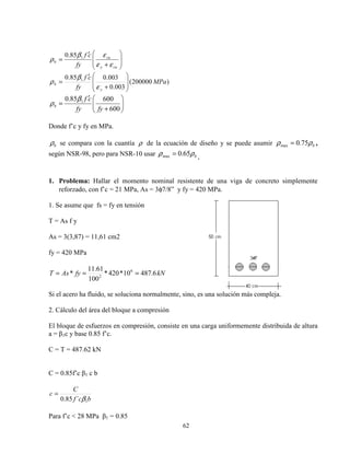 62








+
′
=
cuy
cu
b
fy
cf
εε
εβ
ρ 185.0
)200000(
003.0
003.085.0 1
MPa
fy
cf
y
b 







+
′
=
ε
β
ρ






+
′
=
600
60085.0 1
fyfy
cf
b
β
ρ
Donde f’c y fy en MPa.
bρ se compara con la cuantía ρ de la ecuación de diseño y se puede asumir bρρ 75.0max = ,
según NSR-98, pero para NSR-10 usar bρρ 65.0max =
.
1. Problema: Hallar el momento nominal resistente de una viga de concreto simplemente
reforzado, con f’c = 21 MPa, As = 3φ7/8” y fy = 420 MPa.
1. Se asume que fs = fy en tensión
T = As f y
As = 3(3,87) = 11,61 cm2
fy = 420 MPa
kNfyAsT 6.48710*420*
100
61.11
* 6
2
===
Si el acero ha fluido, se soluciona normalmente, sino, es una solución más compleja.
2. Cálculo del área del bloque a compresión
El bloque de esfuerzos en compresión, consiste en una carga uniformemente distribuida de altura
a = β1c y base 0.85 f’c.
C = T = 487.62 kN
C = 0.85f’c β1 c b
bcf
C
c
1´85.0 β
=
Para f’c < 28 MPa β1 = 0.85
 