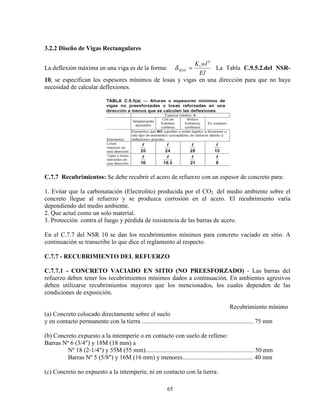 65
3.2.2 Diseño de Vigas Rectangulares
La deflexión máxima en una viga es de la forma:
EI
wlK
MAX
4
1
=δ La Tabla C.9.5.2.del NSR-
10, se especifican los espesores mínimos de losas y vigas en una dirección para que no haya
necesidad de calcular deflexiones.
C.7.7 Recubrimientos: Se debe recubrir el acero de refuerzo con un espesor de concreto para:
1. Evitar que la carbonatación (Electrolito) producida por el CO2 del medio ambiente sobre el
concreto llegue al refuerzo y se produzca corrosión en el acero. El recubrimiento varía
dependiendo del medio ambiente.
2. Que actué como un solo material.
3. Protección contra el fuego y pérdida de resistencia de las barras de acero.
En el C.7.7 del NSR 10 se dan los recubrimientos mínimos para concreto vaciado en sitio. A
continuación se transcribe lo que dice el reglamento al respecto.
C.7.7 - RECUBRIMIENTO DEL REFUERZO
C.7.7.1 - CONCRETO VACIADO EN SITIO (NO PREESFORZADO) - Las barras del
refuerzo deben tener los recubrimientos mínimos dados a continuación. En ambientes agresivos
deben utilizarse recubrimientos mayores que los mencionados, los cuales dependen de las
condiciones de exposición.
Recubrimiento mínimo
(a) Concreto colocado directamente sobre el suelo
y en contacto permanente con la tierra ....................................................................... 75 mm
(b) Concreto expuesto a la intemperie o en contacto con suelo de relleno:
Barras Nº 6 (3/4") y 18M (18 mm) a
Nº 18 (2-1/4") y 55M (55 mm)..................................................................... 50 mm
Barras Nº 5 (5/8") y 16M (16 mm) y menores............................................. 40 mm
(c) Concreto no expuesto a la intemperie, ni en contacto con la tierra:
 